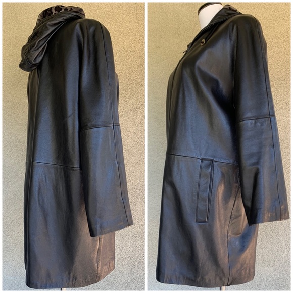 “Collezione” Kid Leather Jacket Coat Black Hood - Picture 3 of 12